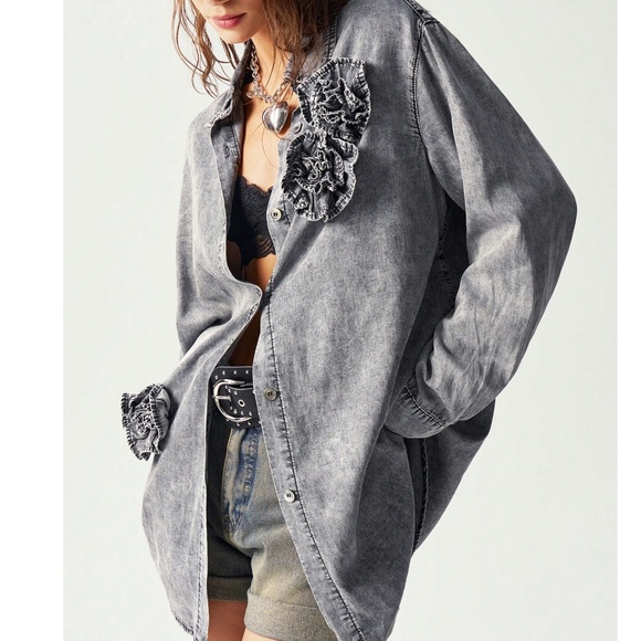 Mineral Wash Floral Applique Button Down Oversized Shirt - Picture 1 of 7